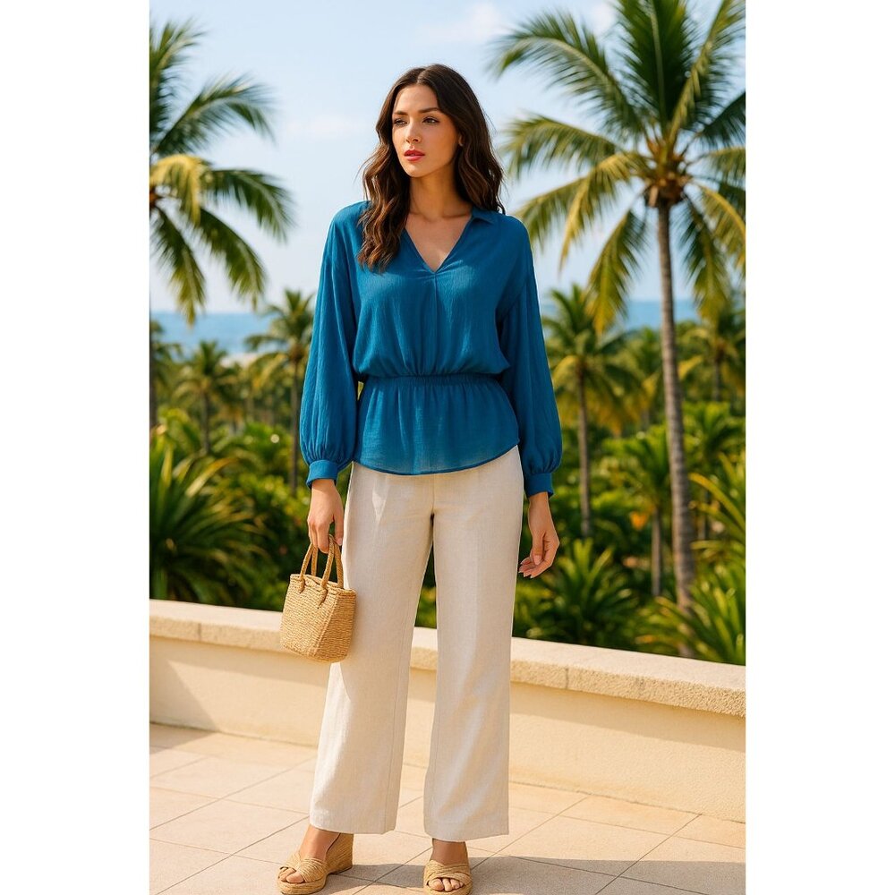 7th Avenue New York Company Large Teal Sheer Blouse V neck Long Sleeve City Chic - Picture 3 of 13